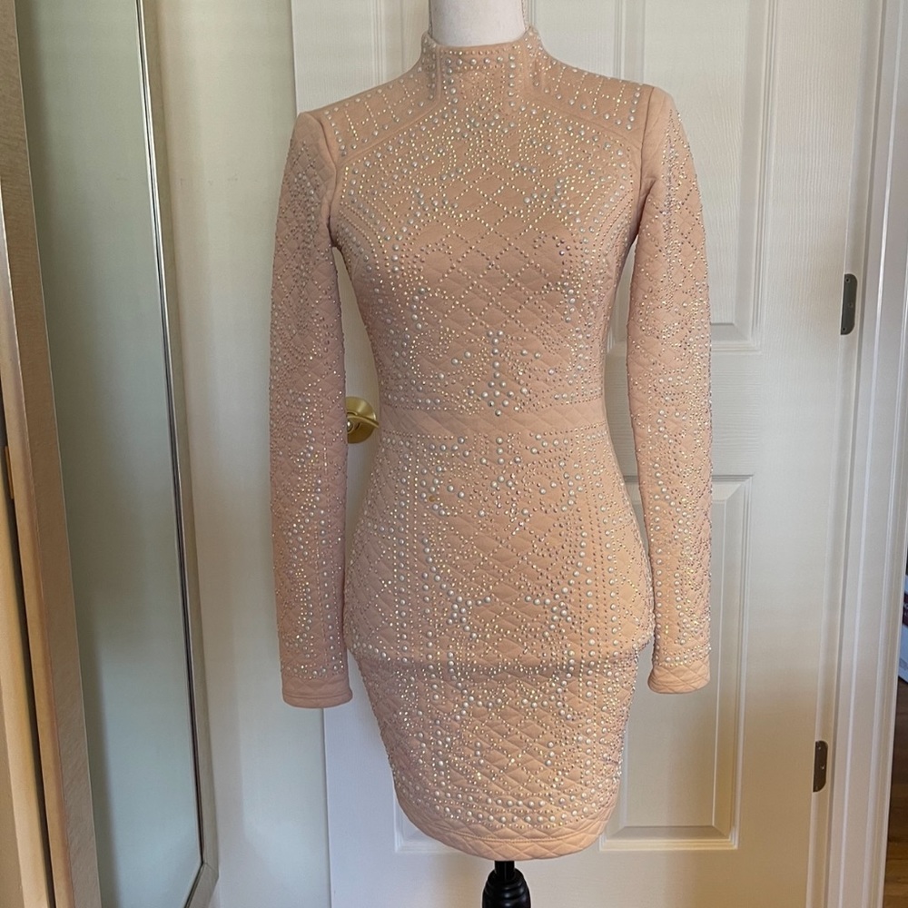 Bebe Embellished Iridescent Quilted Dress